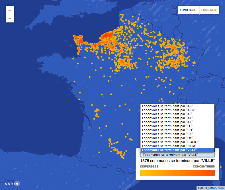 Détail de la carte des suffixes des toponymes des communes françaises